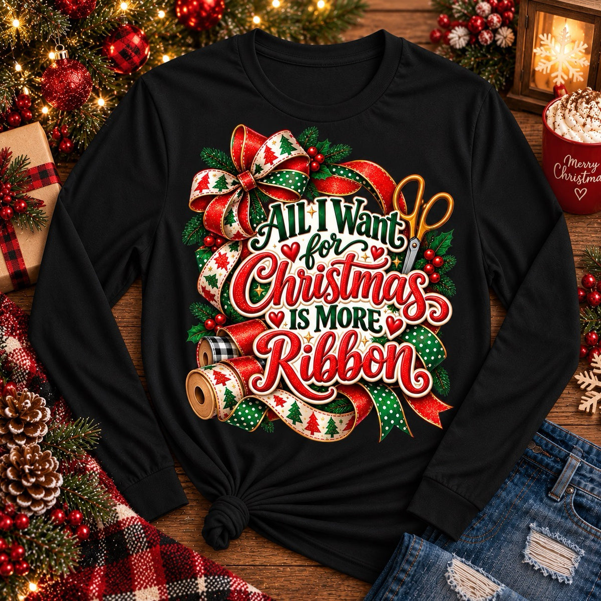 All I Want for Christmas Is More Ribbon black wreath maker shirt with Christmas ribbon and crafting design