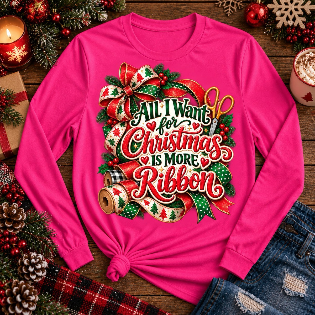 All I Want for Christmas Is More Ribbon hot pink wreath maker shirt with Christmas ribbon and crafting design