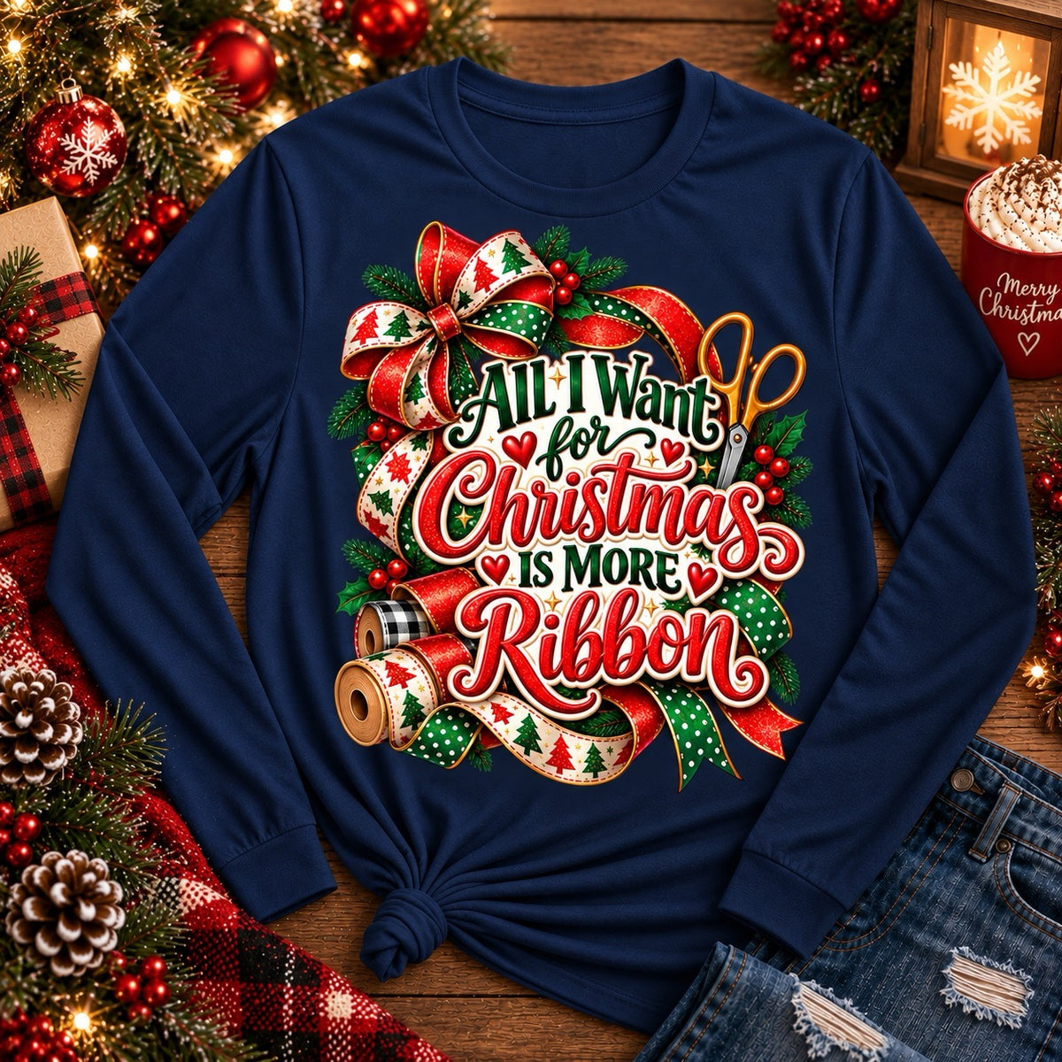 All I Want for Christmas Is More Ribbon navy wreath maker shirt with Christmas ribbon and crafting design