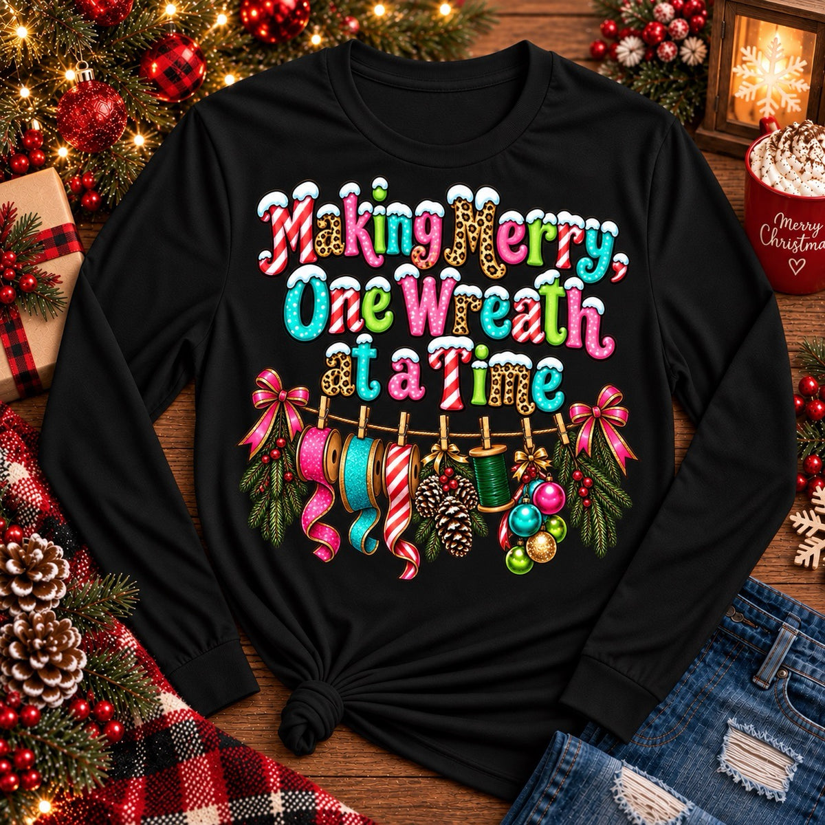 Making Merry One Wreath at a Time black Christmas wreath maker shirt with colorful ribbon and crafting design