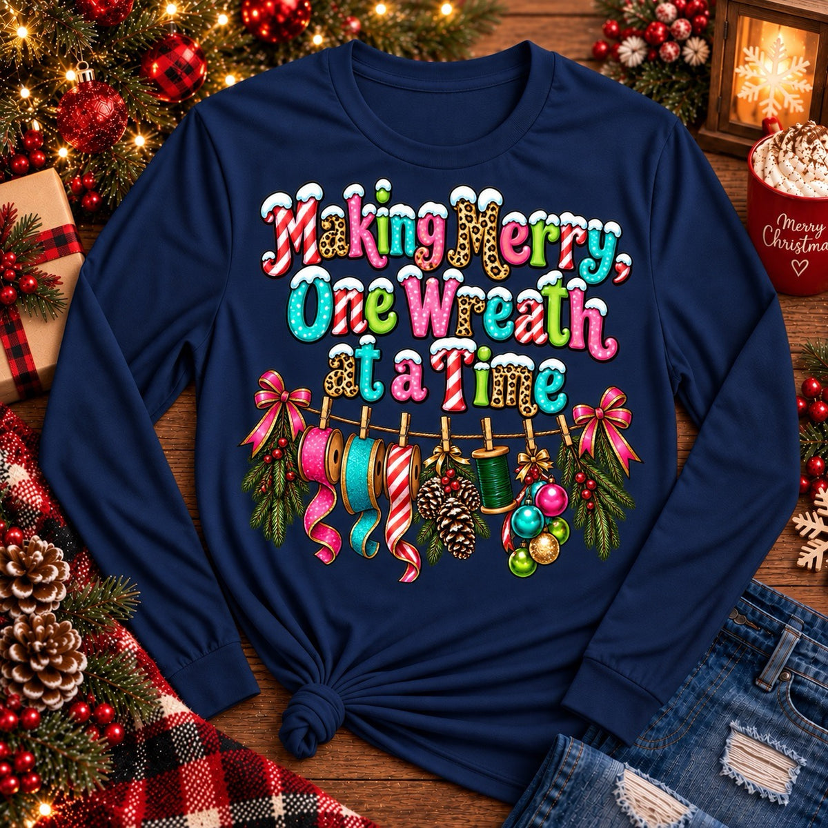 Making Merry One Wreath at a Time navy Christmas wreath maker shirt with colorful ribbon and crafting design