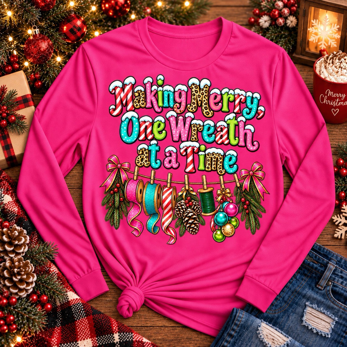 Making Merry One Wreath at a Time hot pink Christmas wreath maker shirt with colorful ribbon and crafting design