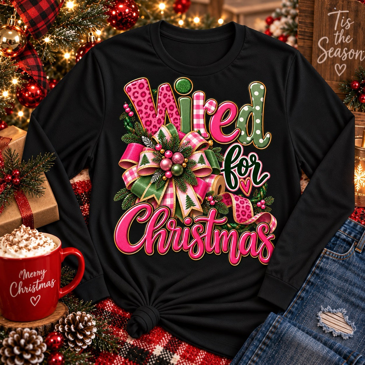 Black Wired for Christmas wreath maker T-shirt with pink and green Christmas ribbon bow design