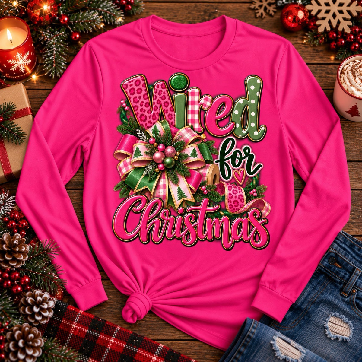 Pink Wired for Christmas wreath maker T-shirt with pink and green Christmas ribbon bow design