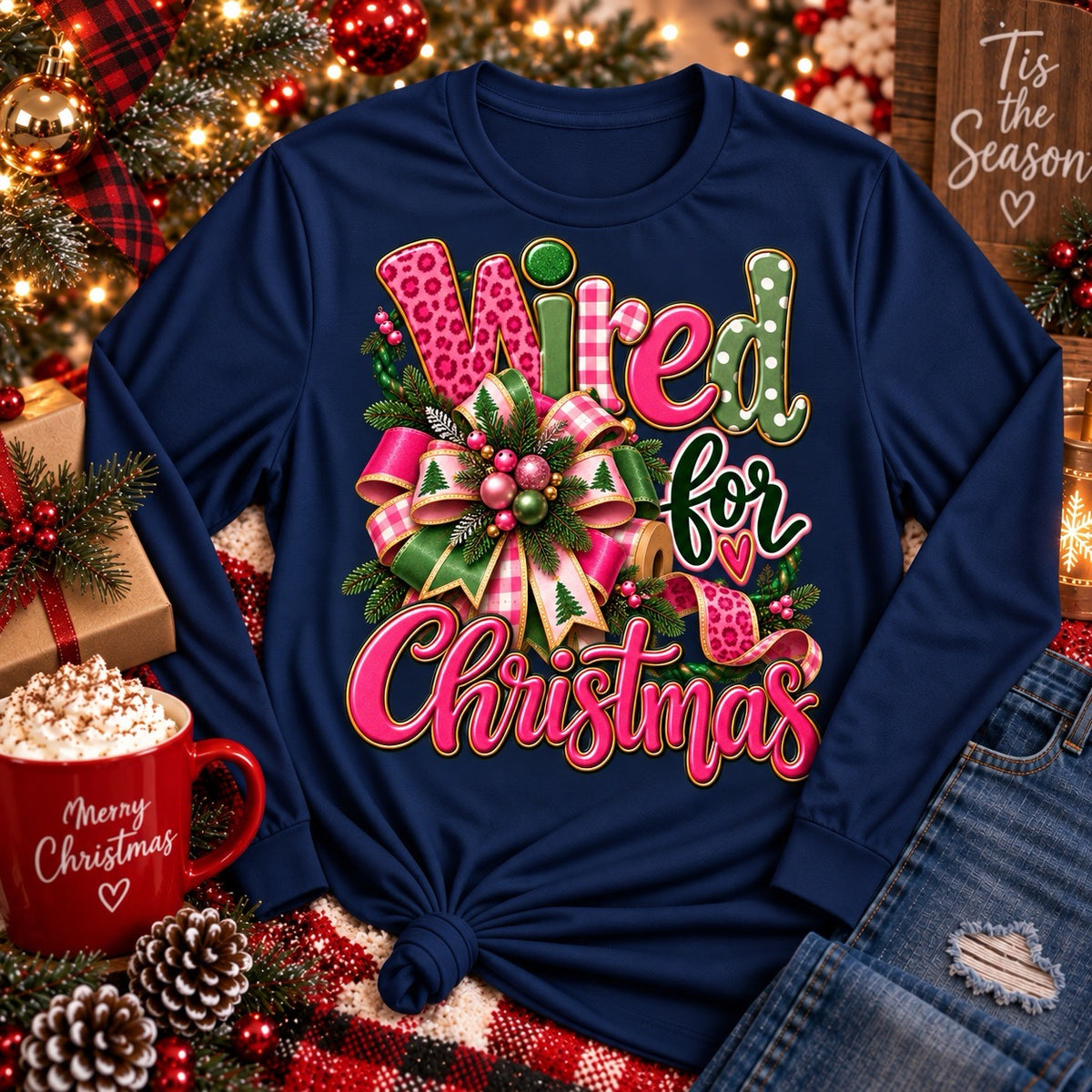 Navy Wired for Christmas wreath maker T-shirt with pink and green Christmas ribbon bow design
