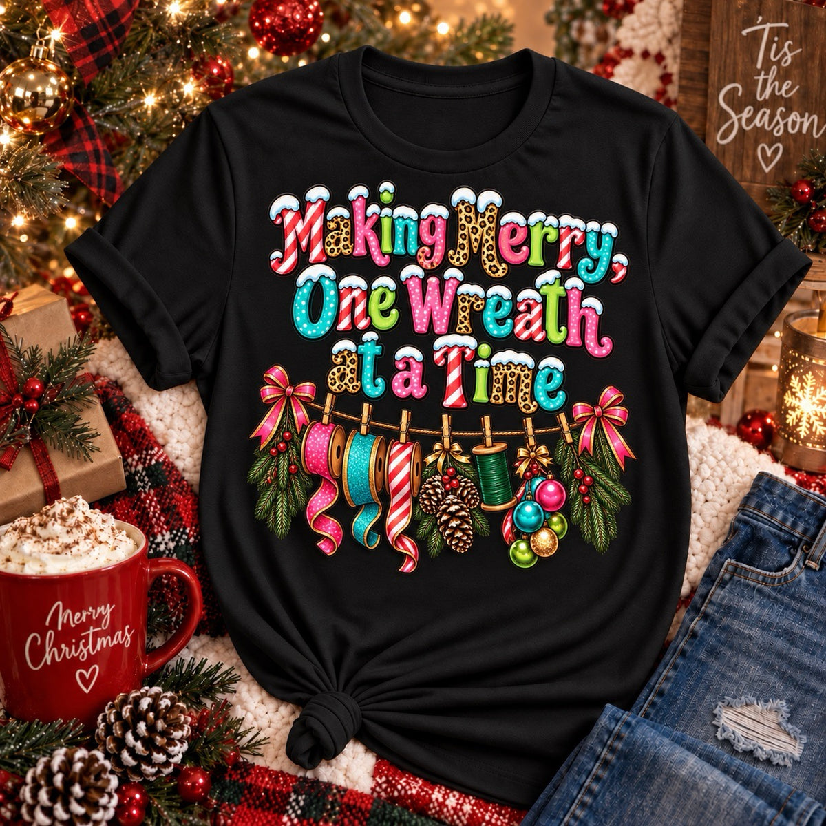 Making Merry One Wreath at a Time black Christmas wreath maker shirt with colorful ribbon and crafting design