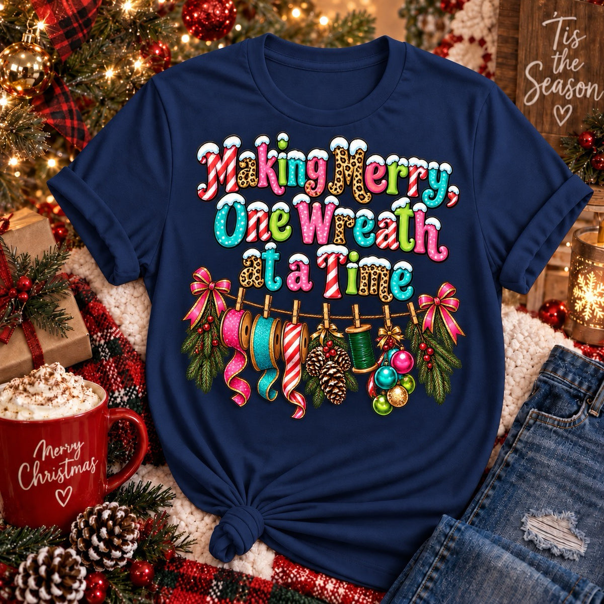 Making Merry One Wreath at a Time navy Christmas wreath maker shirt with colorful ribbon and crafting design