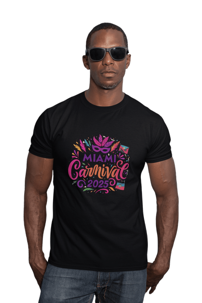 Person wearing a colorful Miami Carnival 2025 t-shirt featuring vibrant tropical artwork, flags, sunglasses, and festive Caribbean-inspired graphics.