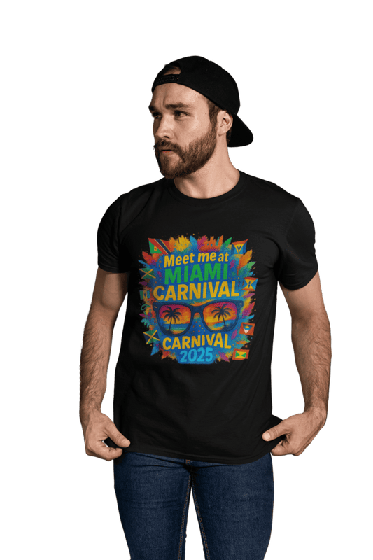 Man wearing a purple t-shirt featuring a vibrant "Meet Me at Miami Carnival 2025" design with colorful feathers, Caribbean flags, and sunglasses reflecting a tropical sunset scene.