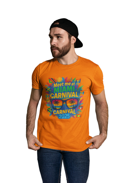 Man wearing a purple t-shirt featuring a vibrant "Meet Me at Miami Carnival 2025" design with colorful feathers, Caribbean flags, and sunglasses reflecting a tropical sunset scene.