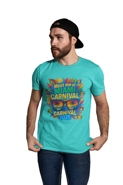 Man wearing a purple t-shirt featuring a vibrant "Meet Me at Miami Carnival 2025" design with colorful feathers, Caribbean flags, and sunglasses reflecting a tropical sunset scene.
