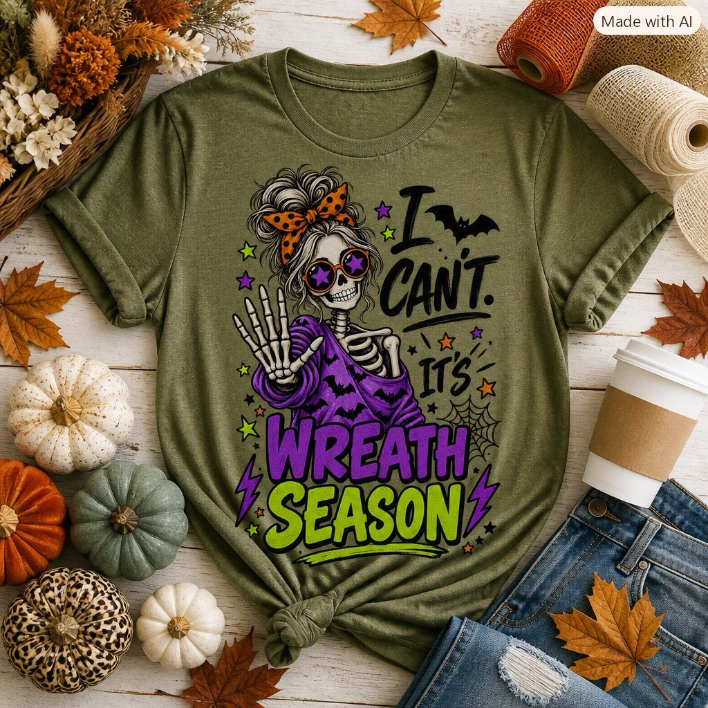 Wreath maker shirt with playful skeleton fall design, ideal gift for crafters
