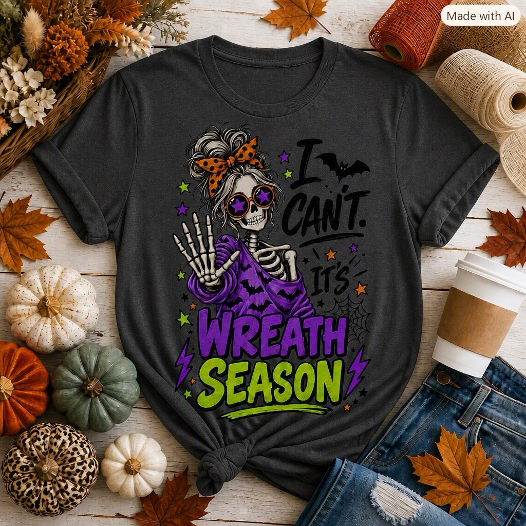 Wreath maker shirt with playful skeleton fall design, ideal gift for crafters