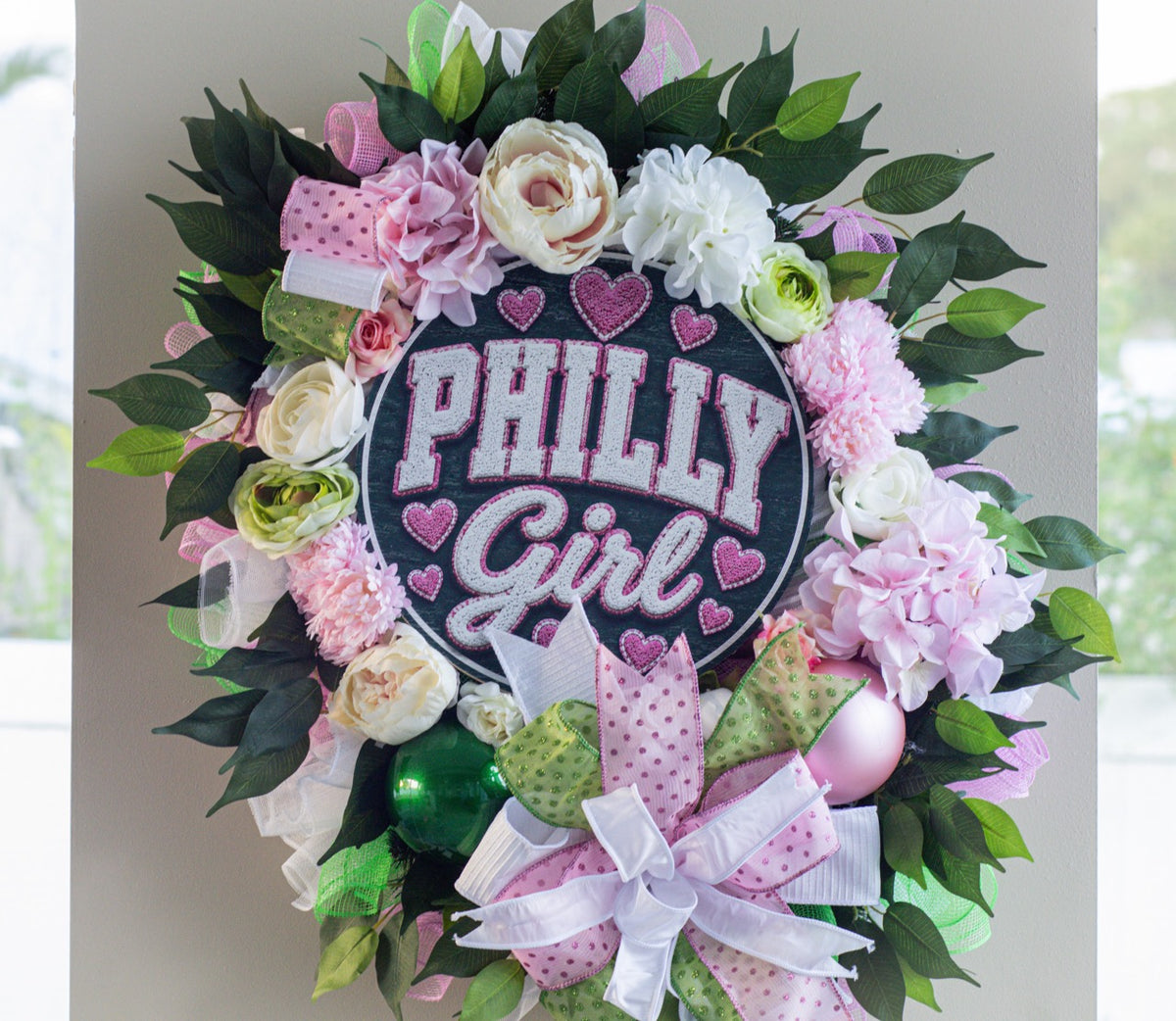 Philadelphia inspired front door wreath with Philly Girl sign