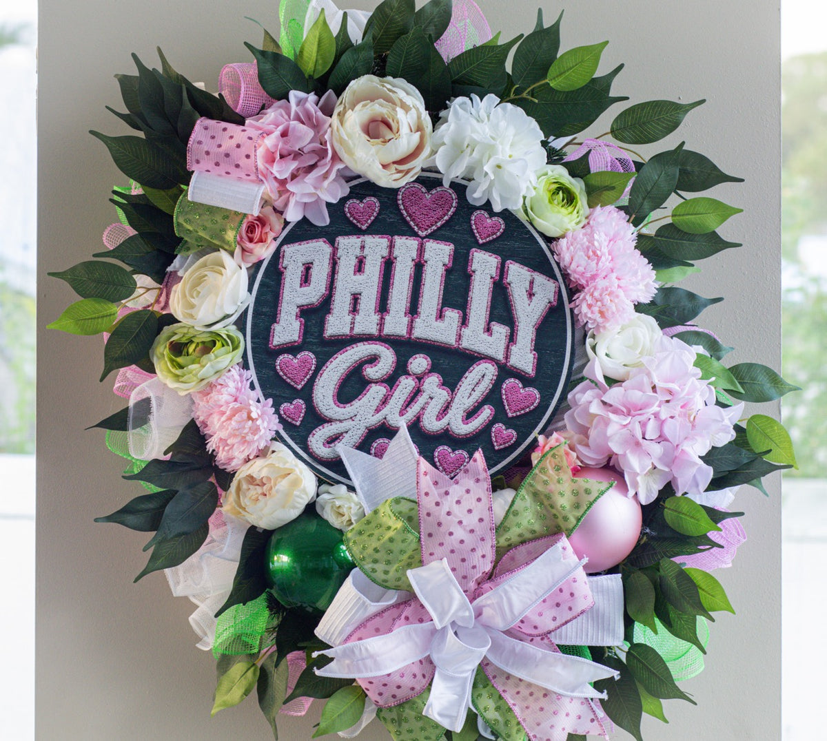 Philadelphia inspired front door wreath with Philly Girl sign