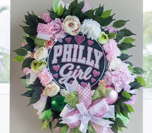 Philadelphia inspired front door wreath with Philly Girl sign
