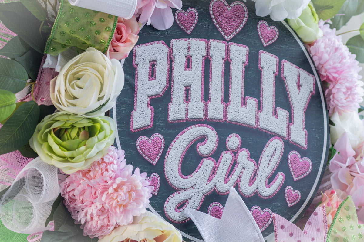 Philadelphia inspired front door wreath with Philly Girl sign