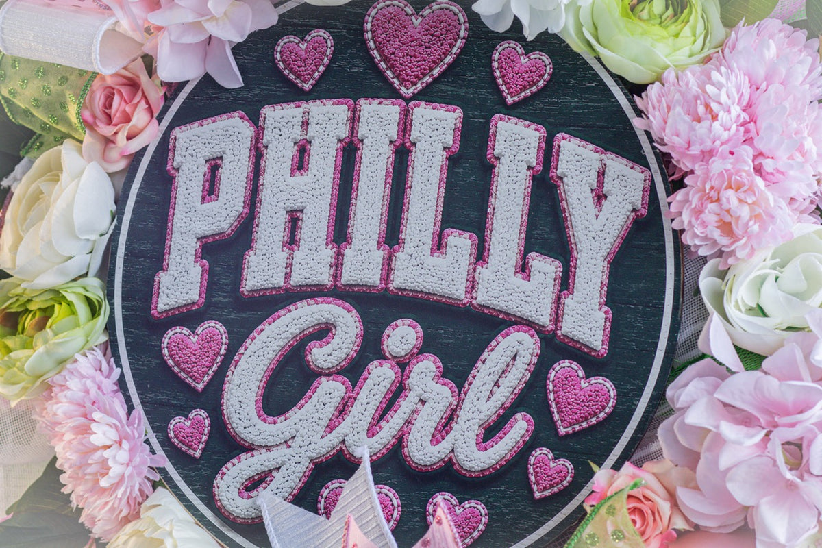 Philadelphia inspired front door wreath with Philly Girl sign