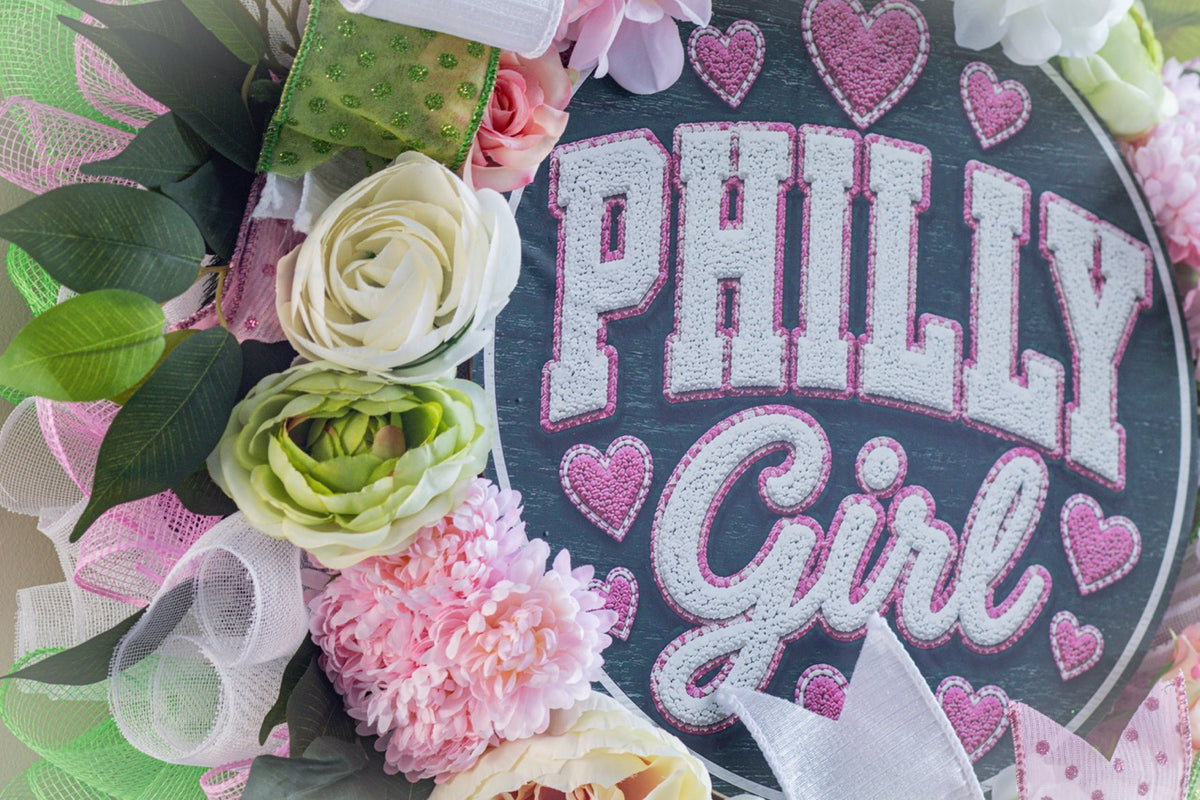 Philadelphia inspired front door wreath with Philly Girl sign