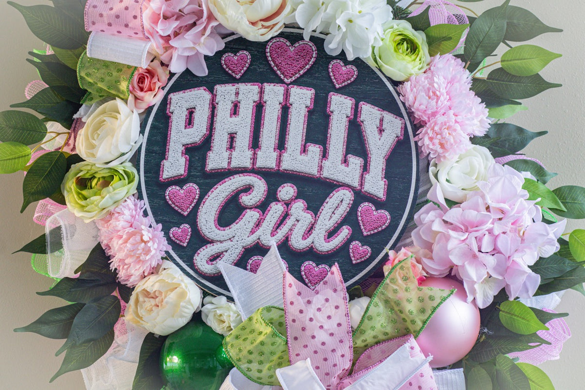 Philadelphia inspired front door wreath with Philly Girl sign
