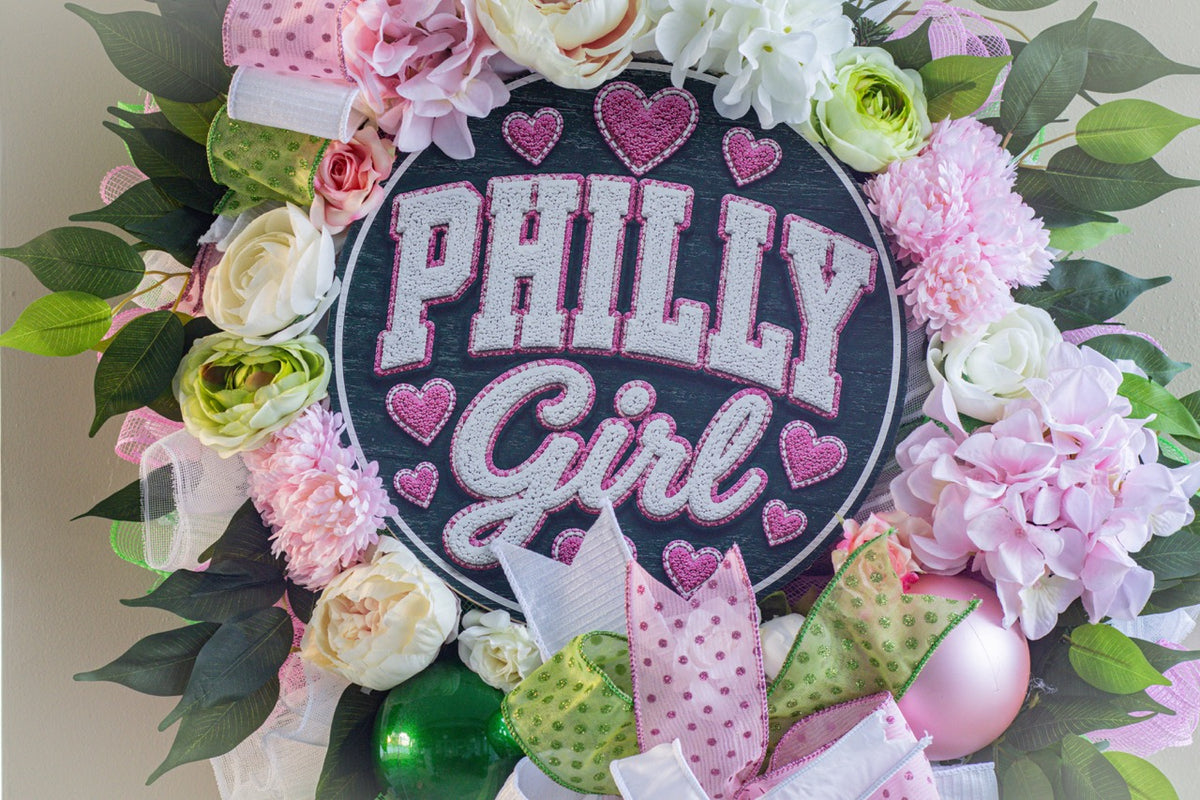 Philadelphia inspired front door wreath with Philly Girl sign