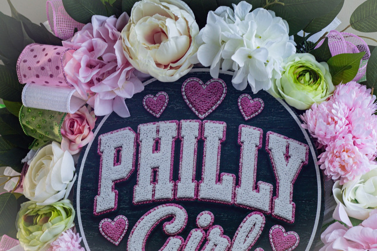 Philadelphia inspired front door wreath with Philly Girl sign