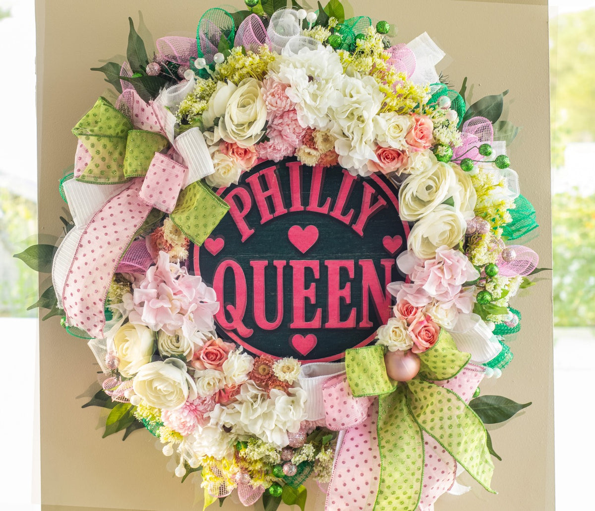 Colorful Philadelphia themed women's front door wreath by Trini Magic