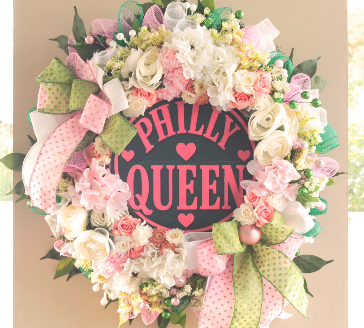 Colorful Philadelphia themed women's front door wreath by Trini Magic
