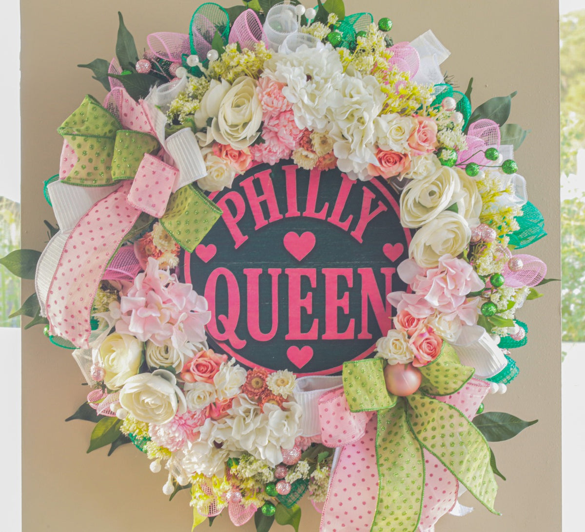 Colorful Philadelphia themed women's front door wreath by Trini Magic