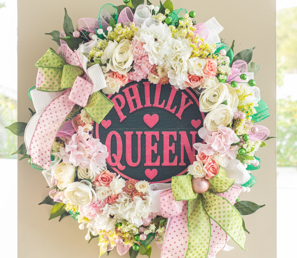 Colorful Philadelphia themed women's front door wreath by Trini Magic