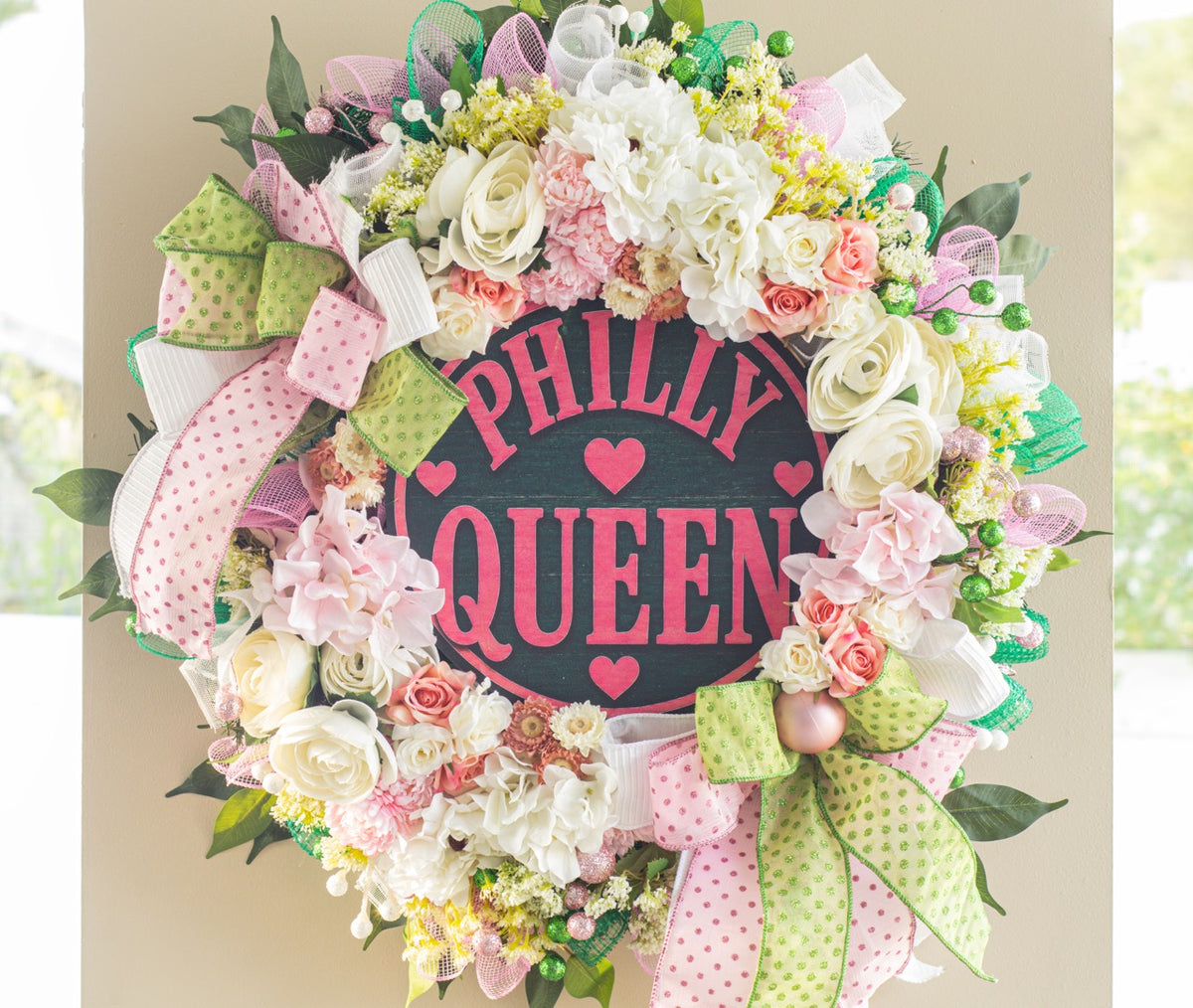 Colorful Philadelphia themed women's front door wreath by Trini Magic