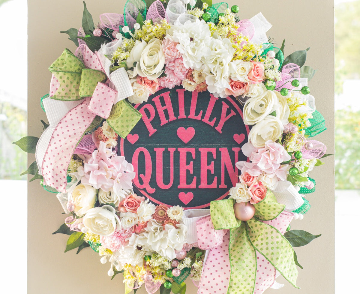 Colorful Philadelphia themed women's front door wreath by Trini Magic