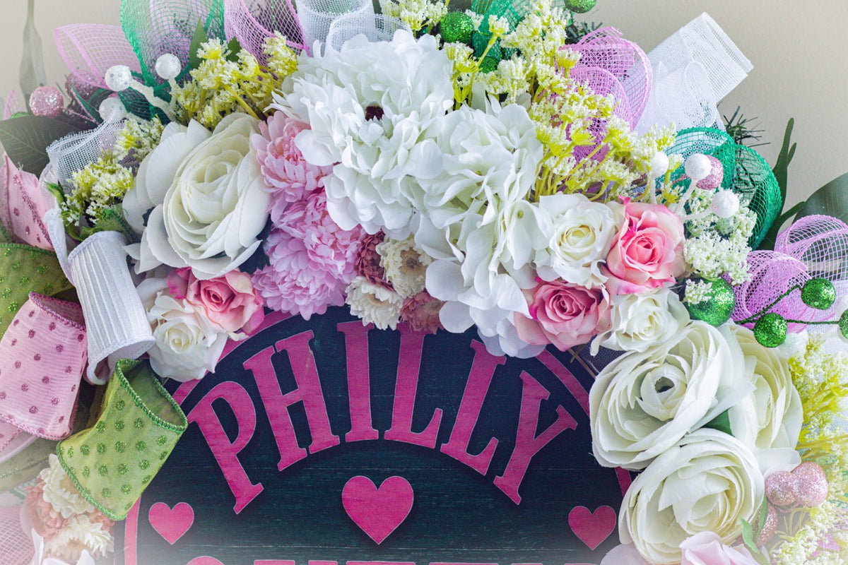 Colorful Philadelphia themed women's front door wreath by Trini Magic