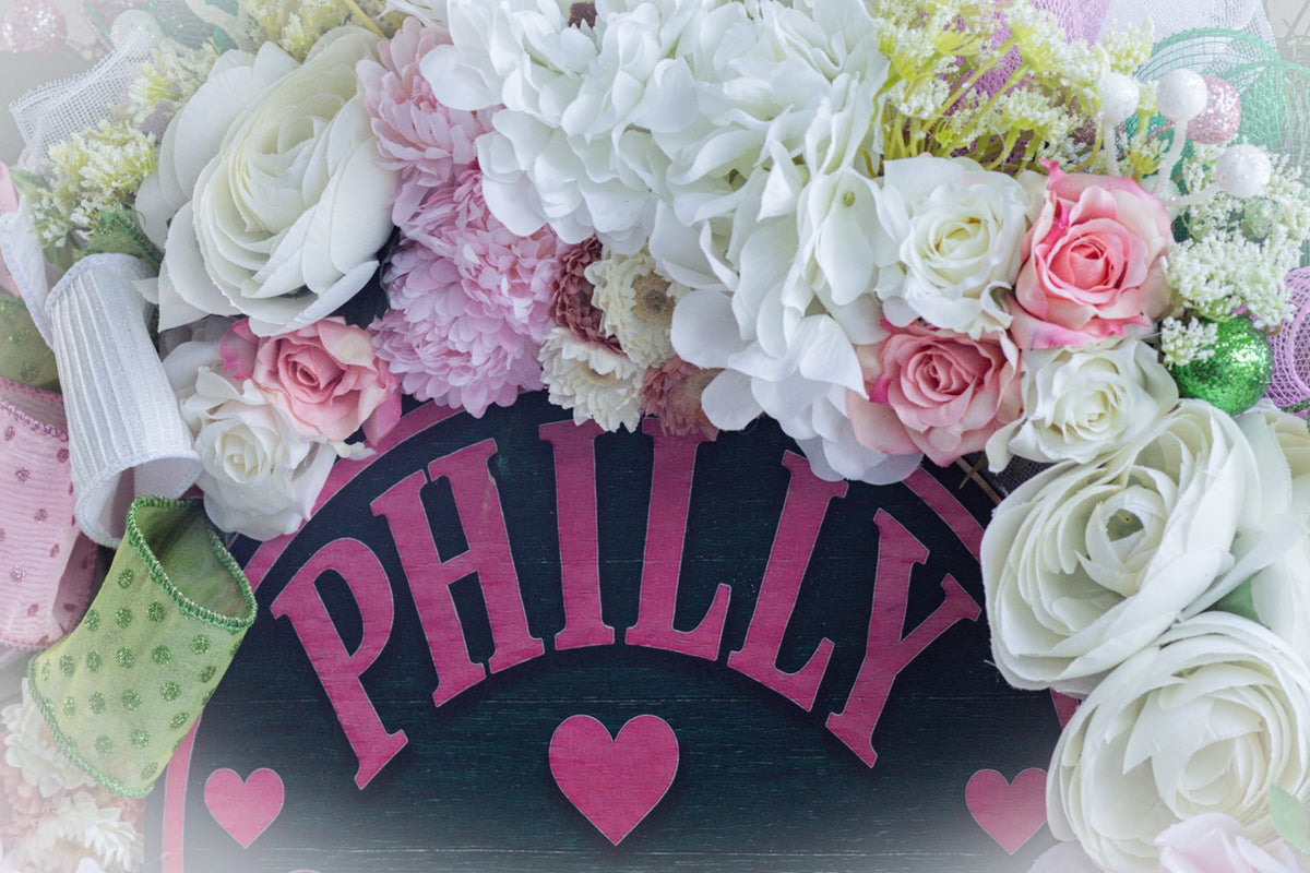 Colorful Philadelphia themed women's front door wreath by Trini Magic