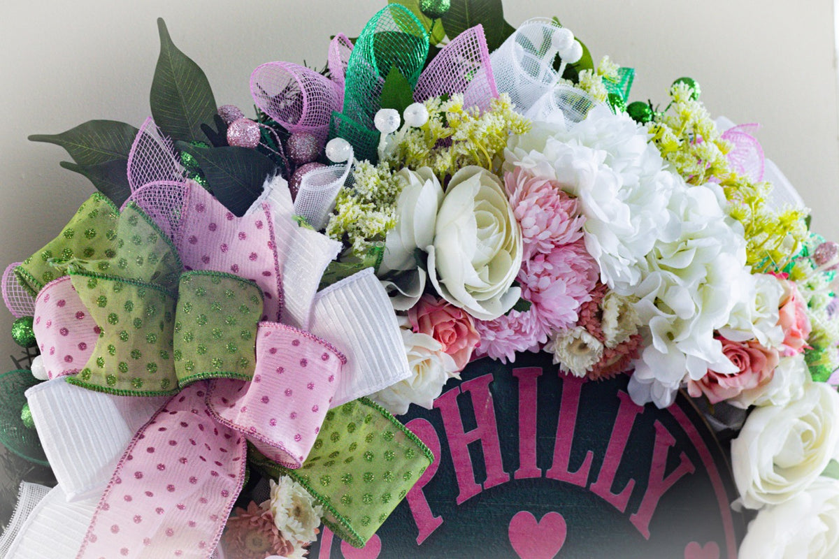 Colorful Philadelphia themed women's front door wreath by Trini Magic