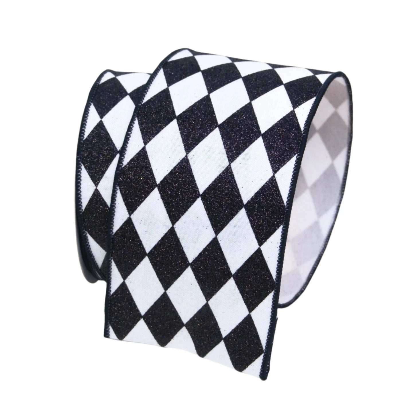 4-inch Black & White Glitter Jester Diamonds wired ribbon featuring a classic harlequin diamond pattern with wired edges for wreath making, bows, floral arrangements, and seasonal home décor.