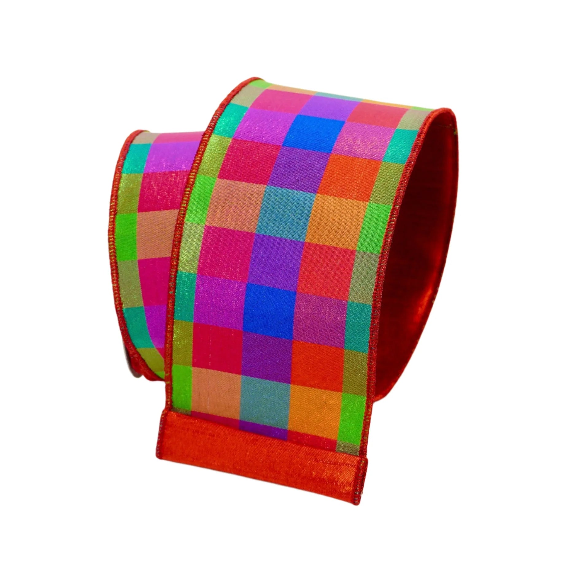 4-inch by 10-yard multi-color check wired ribbon featuring bright red, pink, orange, green, blue, and purple squares with reinforced backing for wreath making, bows, floral arrangements, and DIY home décor.
