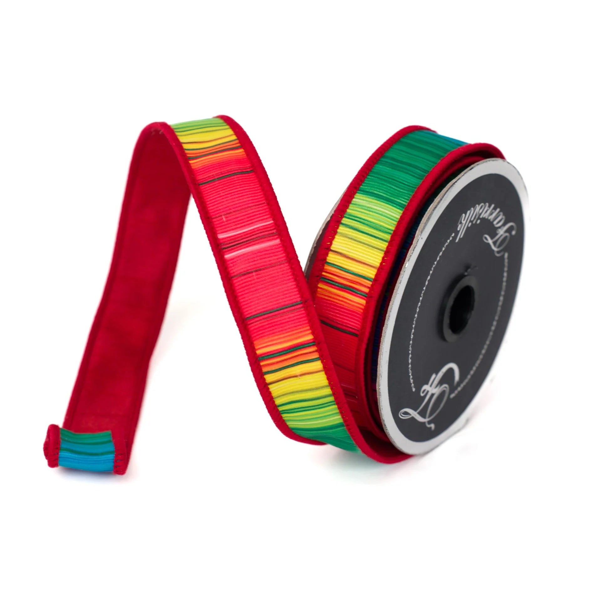 MINI SARAPE 1-inch by 10-yard wired ribbon featuring colorful Southwestern-style stripes in green, yellow, orange, red, pink, and blue with reinforced backing for wreath making, bows, floral arrangements, and festive home décor.