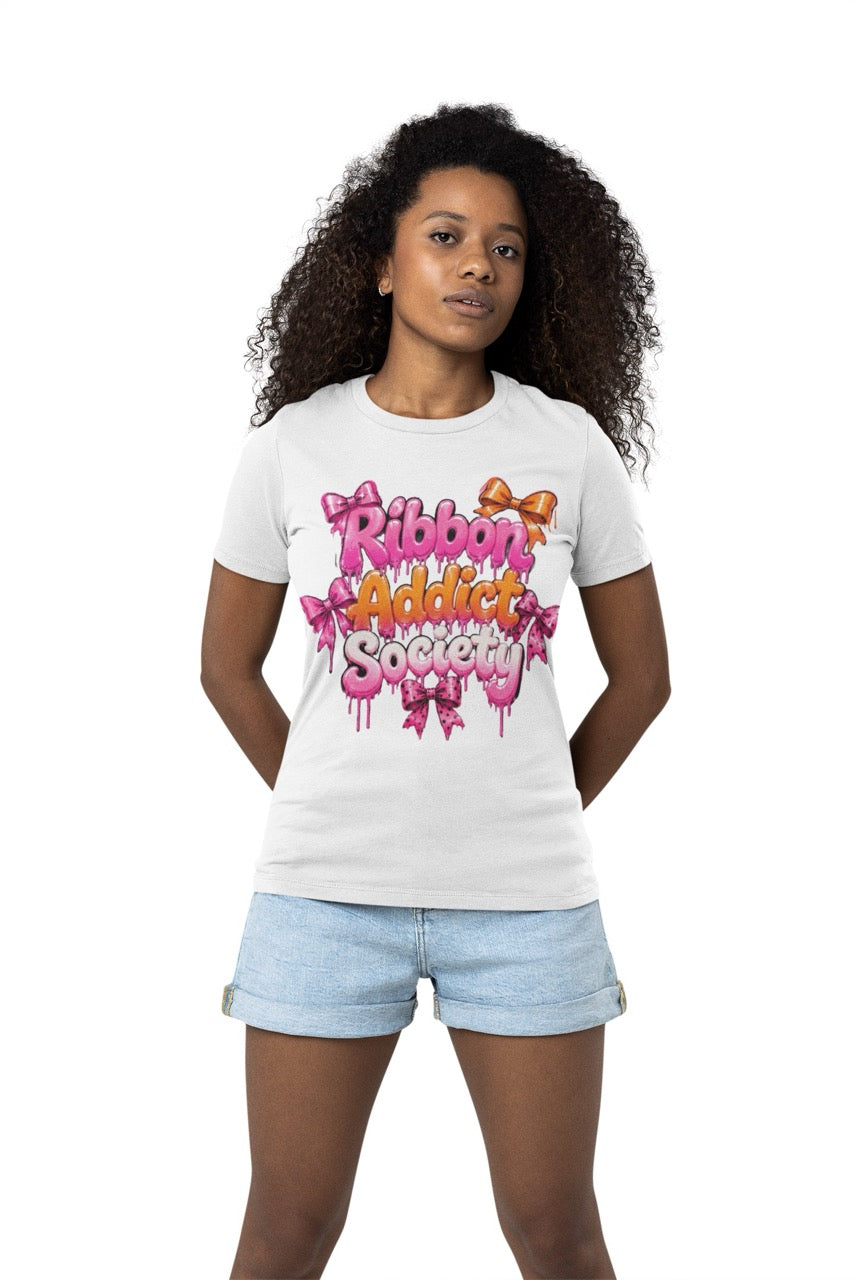 Ribbon Addict Society t-shirt featuring bold decorative lettering with bow accents and a fun crafting-themed graphic design for wreath makers and ribbon enthusiasts.
