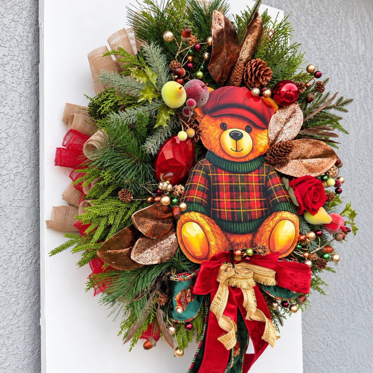 Teddy Bear Tartan Christmas Wreath – Traditional Red, Green & Gold Holiday Door Décor