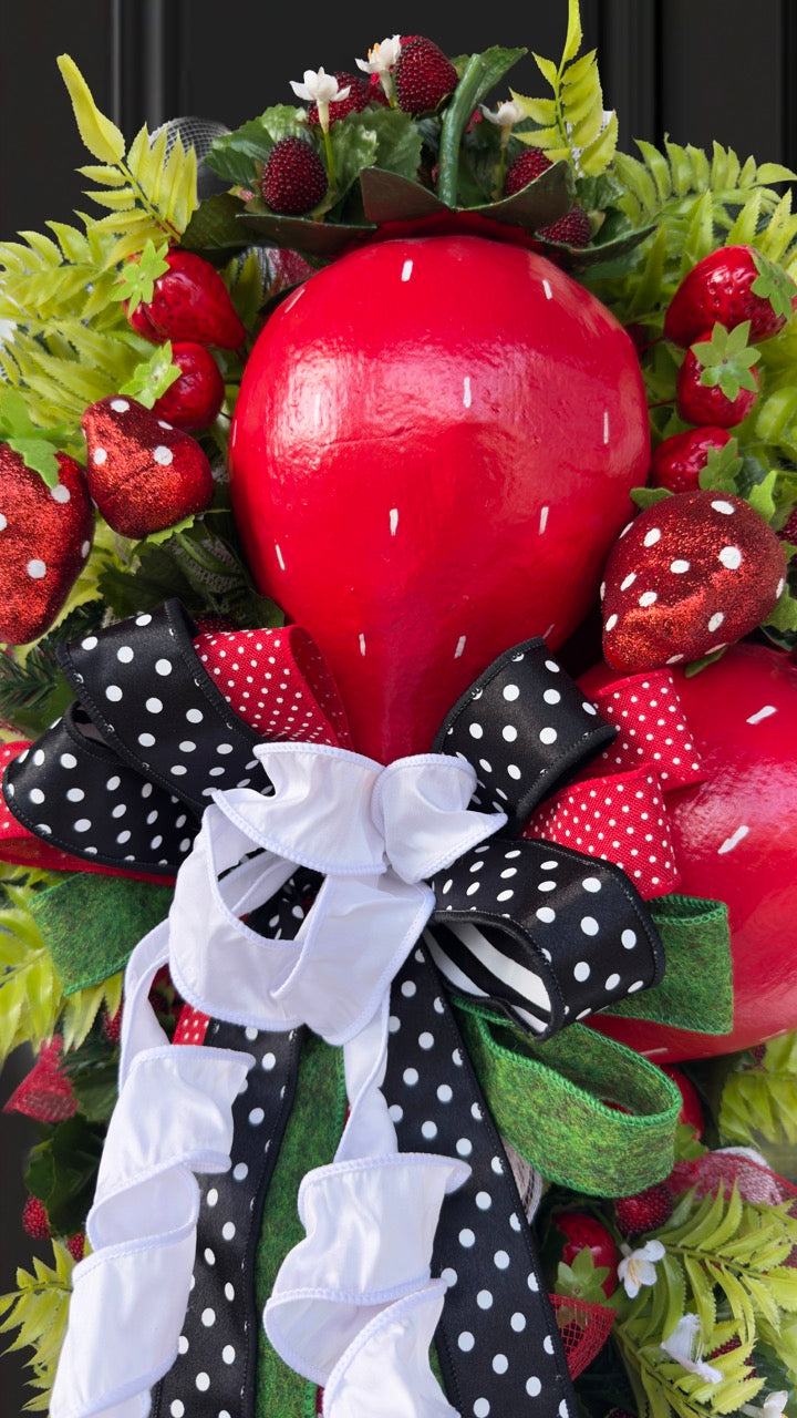 Luxury handmade strawberry door swag with oversized red strawberries, glitter strawberry ornaments, bright green foliage, white flowers, and a designer black, red, white, and green ribbon bow, perfect for summer front door décor and farmhouse-style decorating. 🍓✨