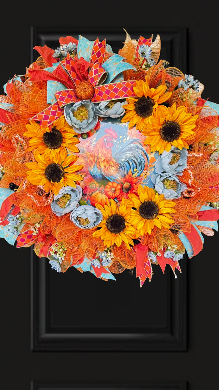 Sunflower Rooster Fall Wreath | Farmhouse Autumn Front Door Wreath