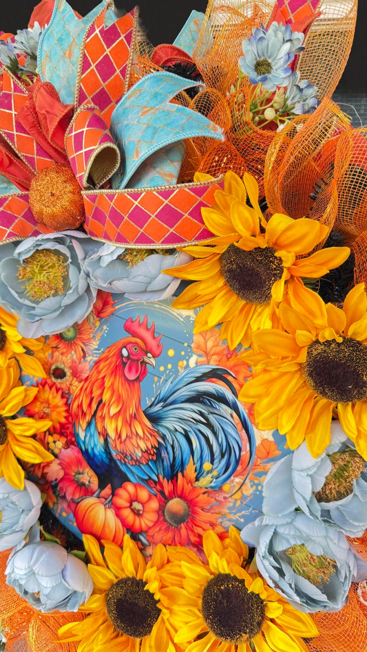 Sunflower Rooster Fall Wreath | Farmhouse Autumn Front Door Wreath