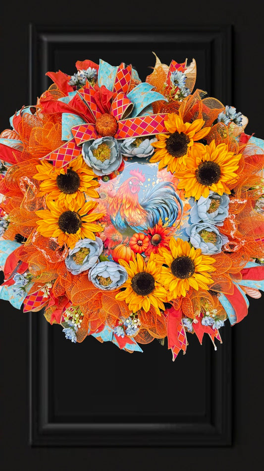 Sunflower Rooster Fall Wreath | Farmhouse Autumn Front Door Wreath