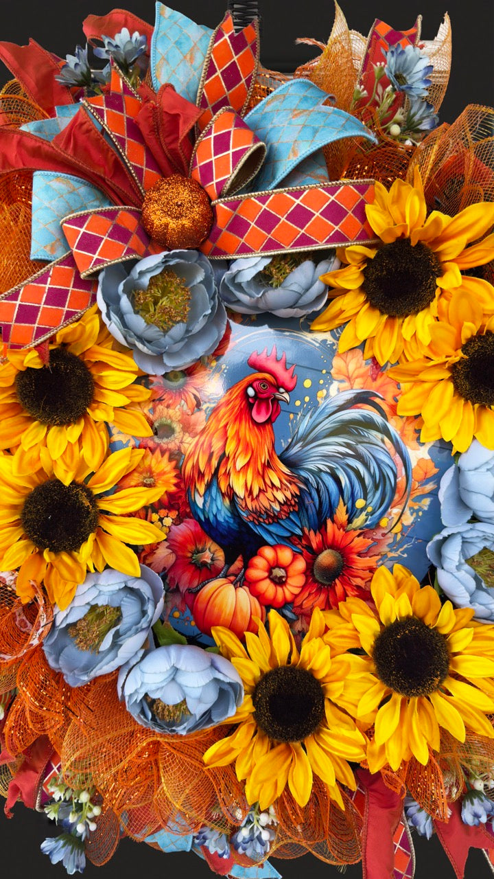 Sunflower Rooster Fall Wreath | Farmhouse Autumn Front Door Wreath