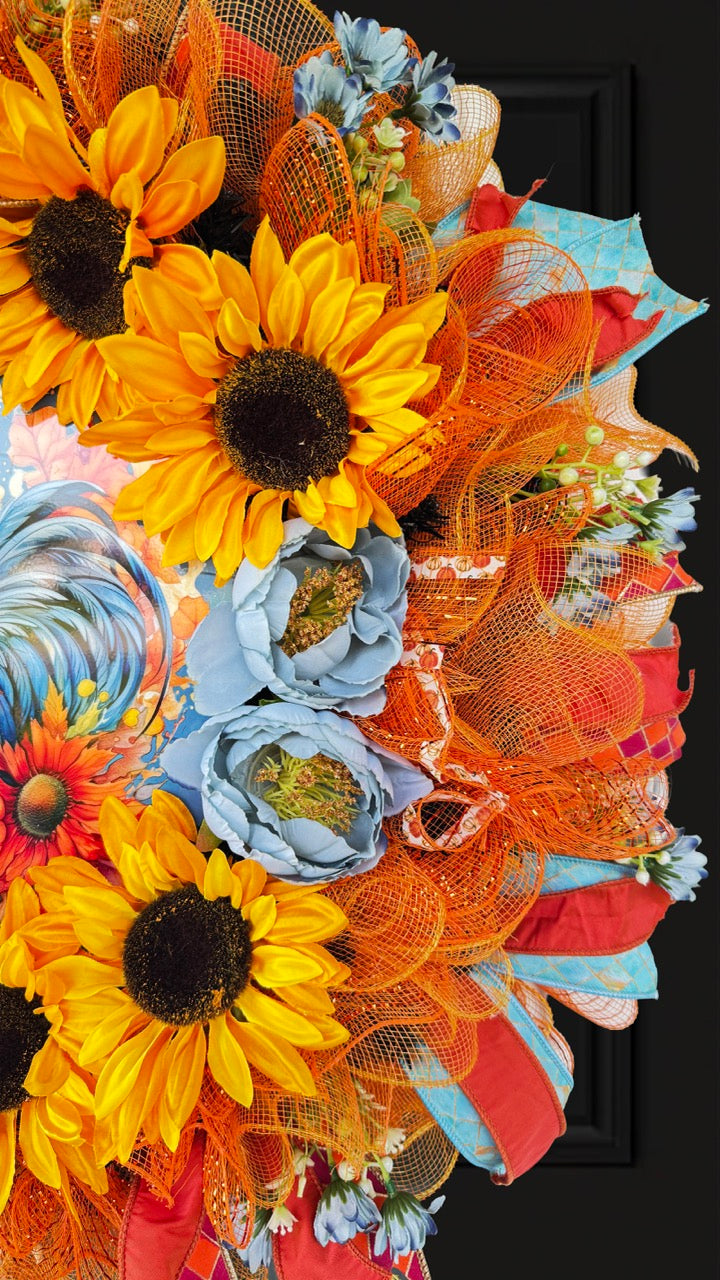 Sunflower Rooster Fall Wreath | Farmhouse Autumn Front Door Wreath