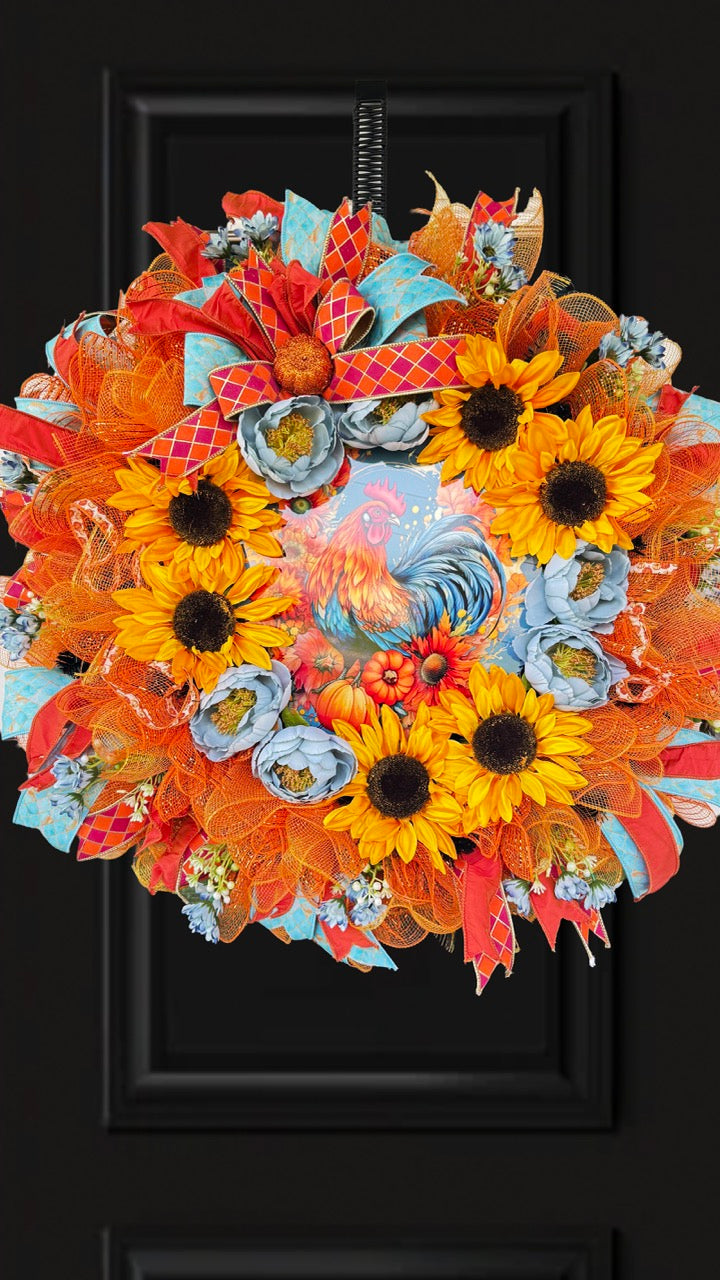 Sunflower Rooster Fall Wreath | Farmhouse Autumn Front Door Wreath