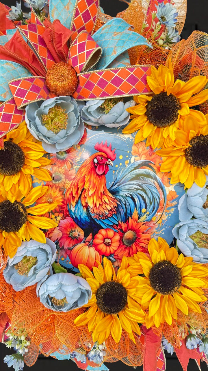 Sunflower Rooster Fall Wreath | Farmhouse Autumn Front Door Wreath