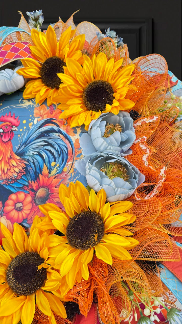 Sunflower Rooster Fall Wreath | Farmhouse Autumn Front Door Wreath