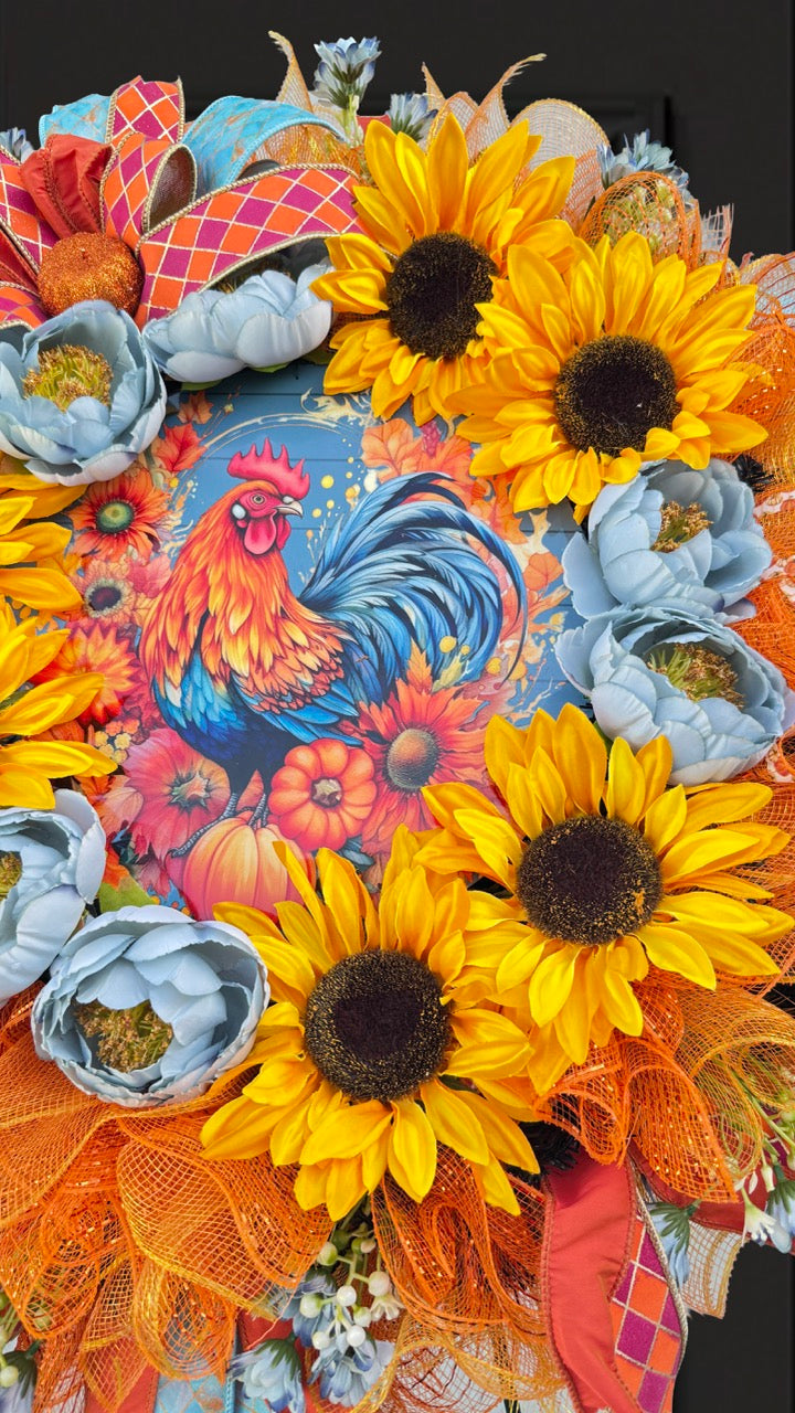 Sunflower Rooster Fall Wreath | Farmhouse Autumn Front Door Wreath